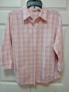 Camisa LL Bean Mujer Blanca L Dk Lt Rosa Naranja Cuadros Seersucker Botón Dn 3/4 Sl - Imagen 1 de 5
