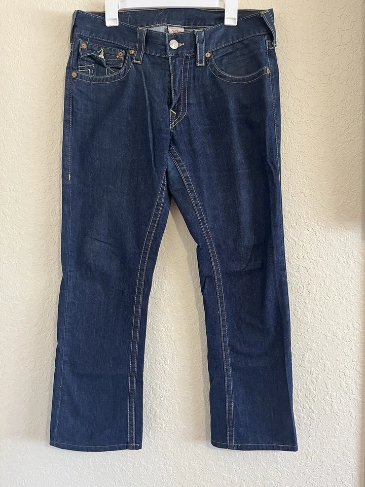 True Religion Ricky Blue Men's Jeans 33X30 Dark Wash Straight Flap Pockets Logo - Image 1 of 4