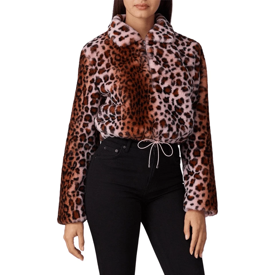 Kendall & Kylie Faux Fur Pink Leopard Print Half Zip Jacket Size Small Pullover - Image 1 of 4