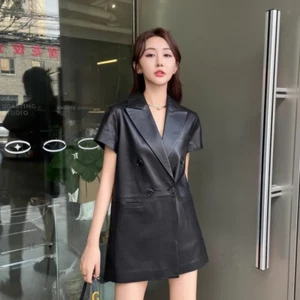 Women's Real Lambskin Leather Coat Black Short Length Buttoned Jacket M L XL 2XL - Picture 1 of 5