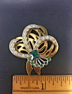 Green Glass Rhinestone Bow Brooch 1920s - 1940s Gold Tone Base Silver Spray - Picture 1 of 6