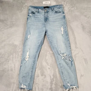 WITCHERY BLUE DENIM JEANS SIZE 12 MOM STYLE DISTRESSED RAW HEM HIGH RISE STRETCH - Picture 1 of 11