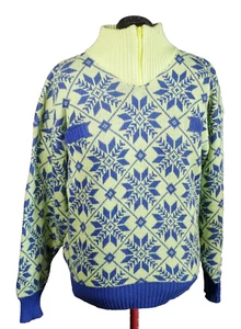 Vintage Obermeyer Sport Ski Sweater 90s Neon Aztec Snowflake Monogram Knit Sz L - Picture 1 of 19