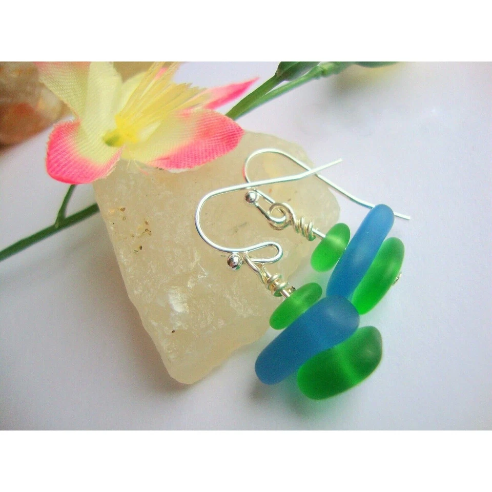 Dainty Sea Glass Pebble Shaped Stacked Silver Dangle Earrings, Minimalist - Image 1 of 1