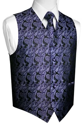 JUEGO CHALECO, CORBATA Y PAÑUELO ESMOQUIN PAISLEY MORADO PARA HOMBRE. FORMAL, VESTIDO, BODA, PROM Foto 1 de 4