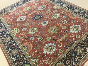 8' X 10’ Rust Navy Blue Fine Geometric Oriental Area Rug Hand Knotted Wool - Picture 1 of 12