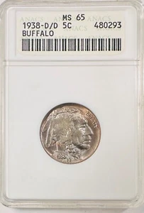 1938-D/D Buffalo Nickel ANACS (Soapbox) MS65 Smaller early soapbox Holder - Picture 1 of 4