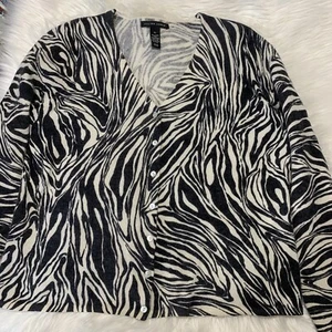 Jillian Jones Lambswool Angora Cardigan Sweater Button Up Black Geometric Sz XL - Picture 1 of 5