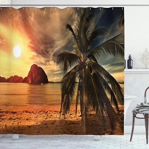 Shower Curtain Beach Sunset at Tropical Island Ocean Decor 84 Inches Extra Long - Picture 1 of 2