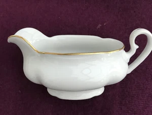 Gravy boat, Bohemia, Czechoslovakia, white porcelain with gold borders, footed - Picture 1 of 15