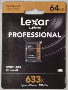 NEW Lexar 64GB 633x Professional UHS-I U1 SDHC Class 10 Memory Card - Picture 1 of 2