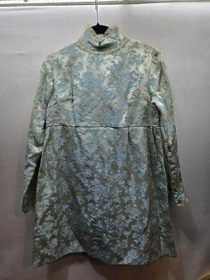 Mini Vestido Vintage Años 60 Brocado Satinado Cuello Alto Mujer Talla Mediana Hecho a Mano Azul Foto 1 de 4