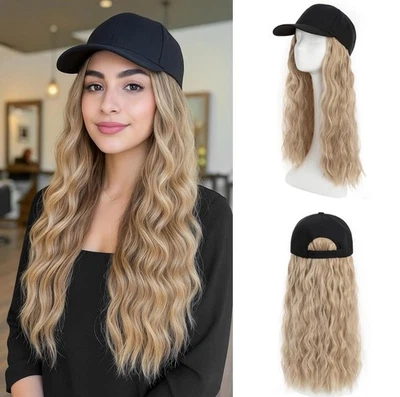 Peruca boné de beisebol preto para mulheres cabelo loiro longo ondulado novo - Imagem 1 de 2