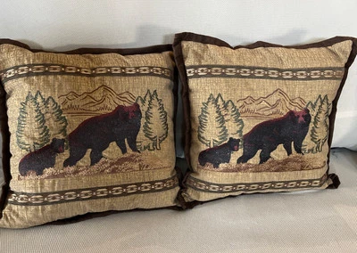 Cabin And Country Pillow Brown Faux Suede Bear And Cub Rustic pillows 18”x17”x6” - Image 1 of 4