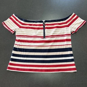 '90s Cropped Zip Up  T-Shirt Red Blue Pink Over the shoulder Multi Stripe Y2K XL - Picture 1 of 7
