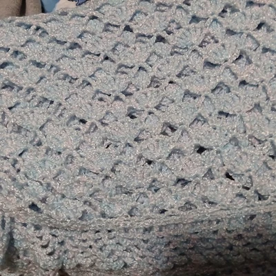 Baby Blanket Afghan Blue/white/shimmer  Handmade Crocheted 42x44 Unisex - Image 1 of 4