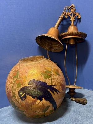 Signed Handel Blue Macaws & Flowers Ball Shade Fixture+Original Handel Hardware - Image 1 of 4