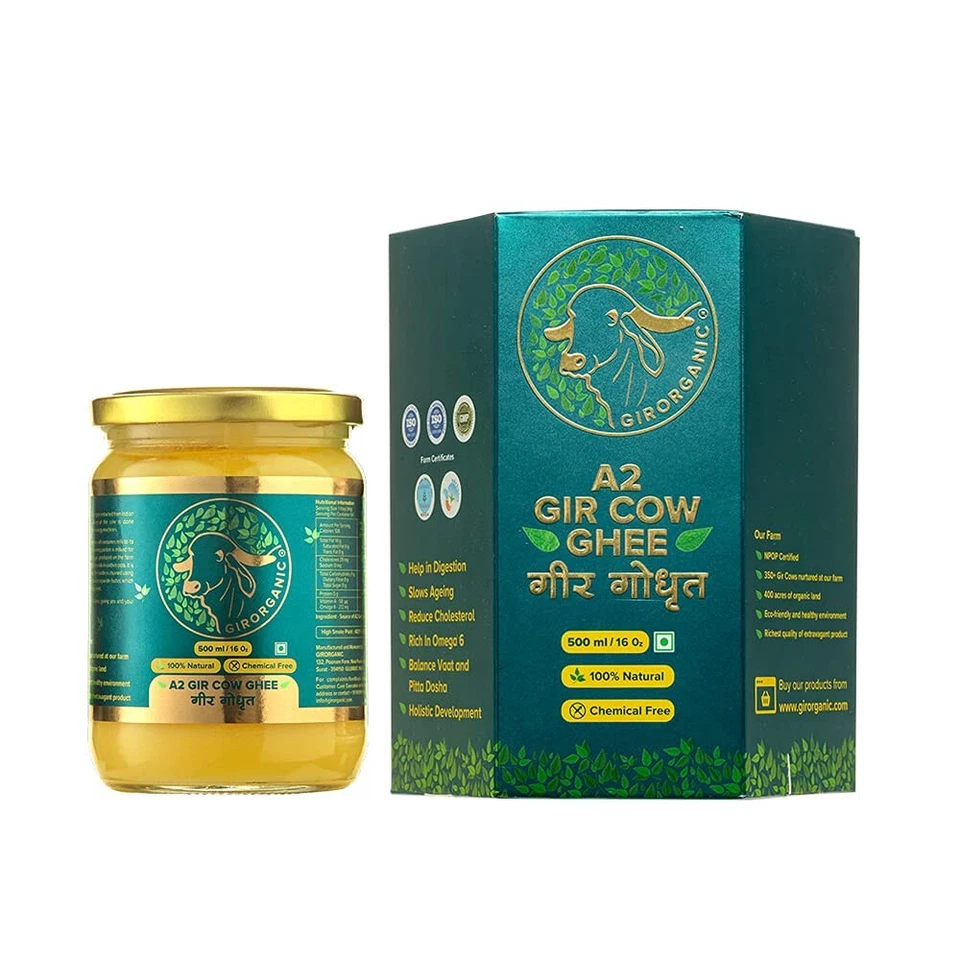 GirOrganic A2 Pure Ghee 100% Desi Gir Cow Vedic Bilona Method 500ml Glass + F/S - Image 1 of 4