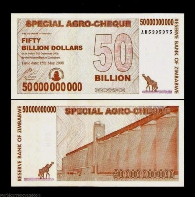 ZIMBABWE 50000000000 DOLLARS P-63 2008  x 1 Pcs 50 Billion UNC AGRO CHEQUE NOTE - Image 1 of 4