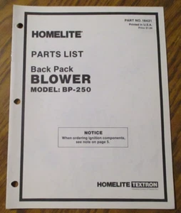 Homelite Model BP-250 Back Pack Blower Parts List Manual Catalog Book 18421 - Picture 1 of 3