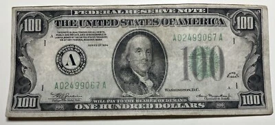1934 $100 Hundred Dollar Bill Federal Reserve Note  Boston MA Vintage Old - Image 1 of 4