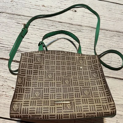 Anne Klein Purse Satchel Crossbody Bag Green w/Brown Print Multiple Pockets Zip - Image 1 of 4