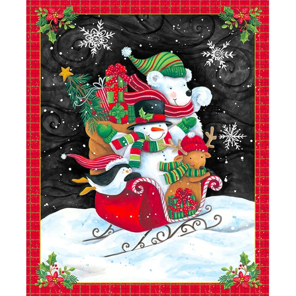 Christmas Fabric Snowman Sleigh Reindeer Feeling Frosty Cotton Blank 36" Panel - Image 1 of 1