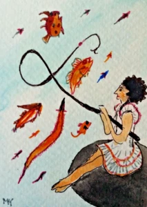 ACEO Original - Fish & Fishing Girl under the Sea - Watercolor 2.5 x 3.5 Signed - Picture 1 of 3