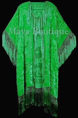Apple Green Kimono Duster Fringe Jacket Silk Burnout Velvet Maya Matazaro Plus - Image 1 of 4