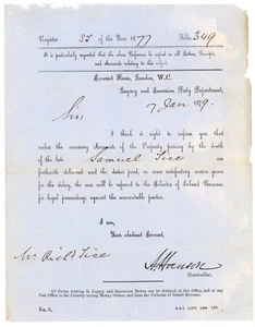 1879 British Legacy & Succession Duty Letter – Samuel Tice Estate Legal Notice - Picture 1 of 2