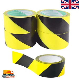 HAZARD WARNING TAPE ROLLS SELF ADHESIVE STRONG TAPE 48MM x 33M - BLACK & YELLOW - Picture 1 of 9