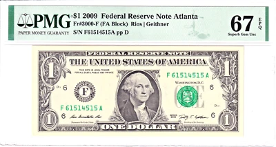 2009 $1 Federal Reserve Note Atlanta PMG Superb Gem Unc 67EPQ #F61514515A NR! - Image 1 of 2