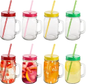 8 Pack Glass Mason Jar Cups with Lid and Straw, 16 Oz Wide Mouth Reusable Mason - Picture 1 of 6