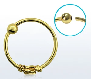 1 Gold Plated Nose Hoop Ring Fixed Ball Balinese Wire Design 22g 8mm CBR #NR15G - Picture 1 of 1
