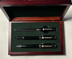 DEPARTMENT OF STATE METAL BALL , ROLLER BALL PEN W/ L. OPENER IN LUXURY WOOD BOX - Picture 1 of 3