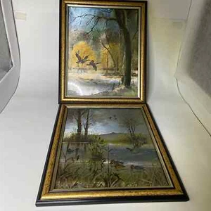 Pair of foil Print Pictures Ducks Woodlands Pond - Picture 1 of 9