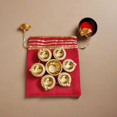 Urli Diya with Potli Set, Indian Combo Gift Set, Ethnic Wedding Favors Gift - Image 1 of 4