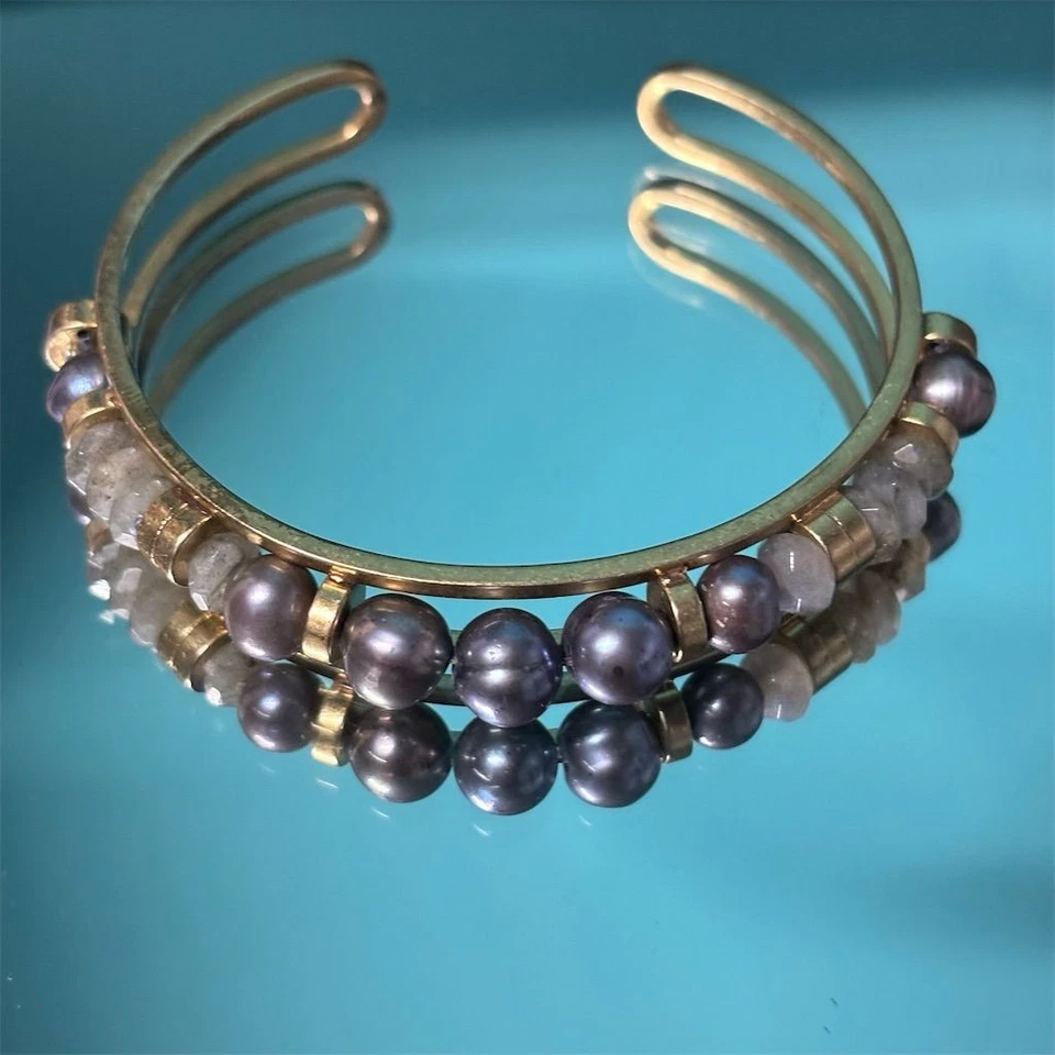 Pulsera Stella & Dot Mujer Puño Tono Dorado Labradorita Gris Perla Cuentas Joyería Foto 1 de 4