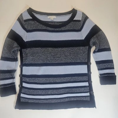 New York & Company Sweater Womens XS Blue Colorblock Stripe Button Accent Fall - Image 1 of 4