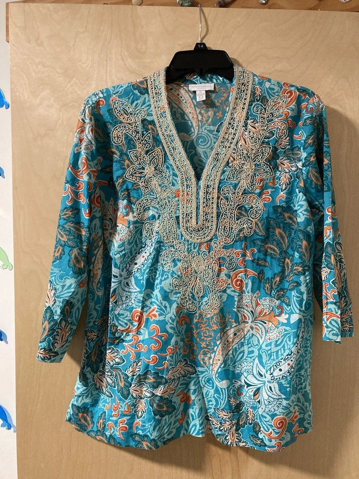 Top túnica floral bordada turquesa y coral Charter Club para mujer talla PL Foto 1 de 3