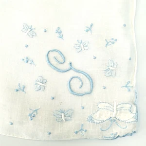 Embroidered Monogram " G " in Blue Handkerchief Hanky with Butterflies Florals - Picture 1 of 5
