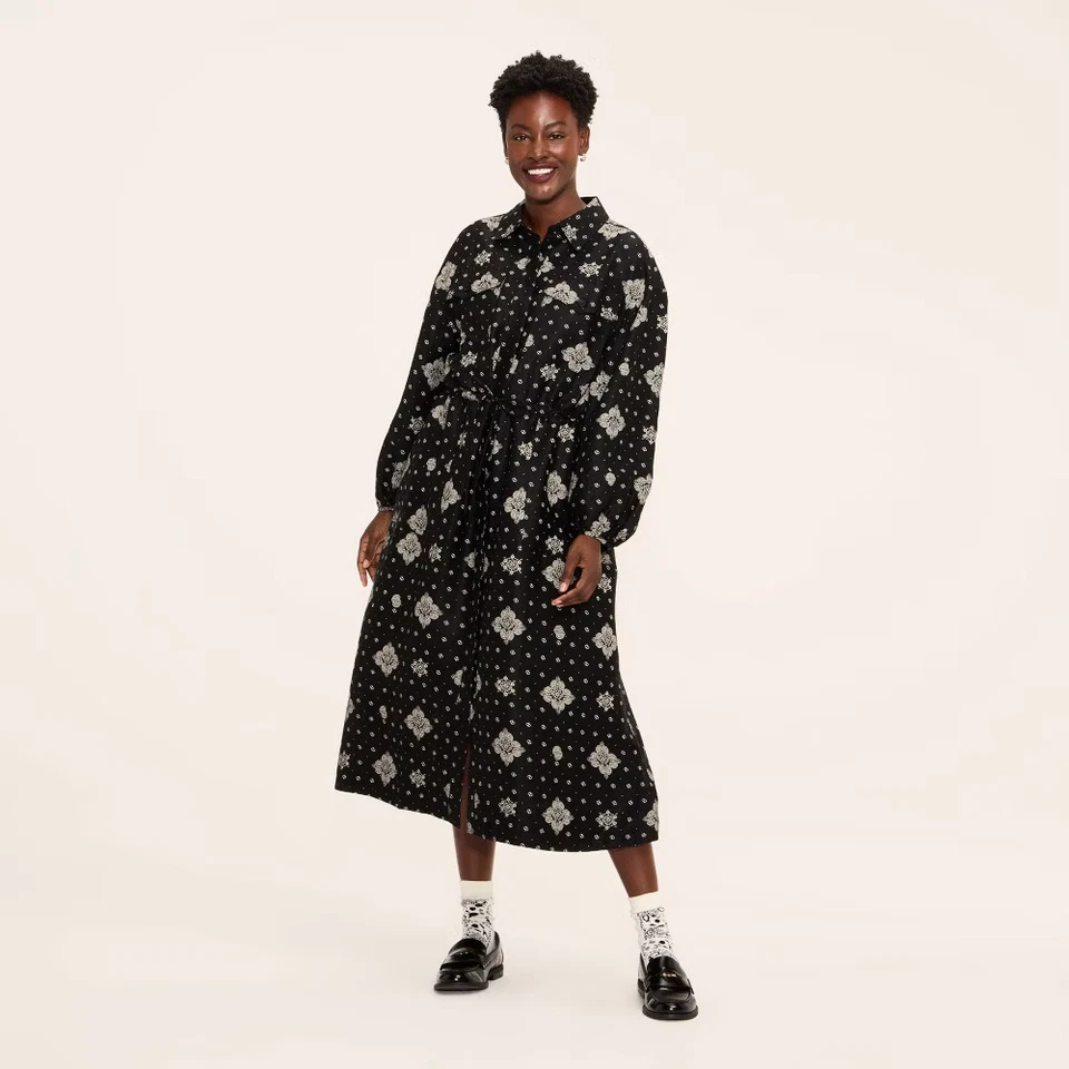 Women's Bandana Print Long Sleeve Utility Midi Shirt Dress - Woolrich Black - Image 1 of 1