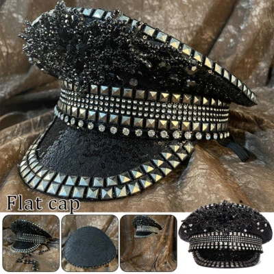 Shinny Sequin Rhinestone Military Cap Headwear Music Bride Party Hat Black  - Image 1 of 4