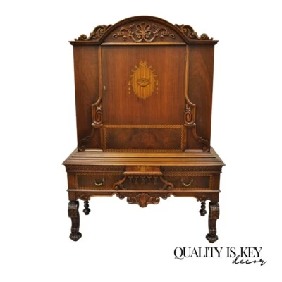 Antiguo gabinete chino puerta ciega con incrustaciones florales de nogal tallado renacentista francés Foto 1 de 4