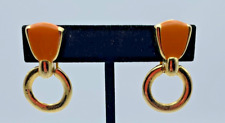 Vintage Gold Tone Clip On Orange Enamel Dangling Hoop Drop Style Earrings