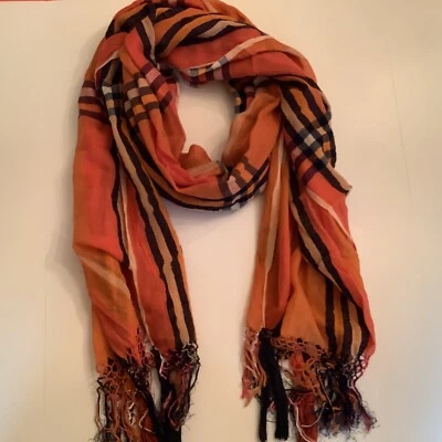 Bufanda naranja azul marino sin marca 90 % algodón 10 % viscosa 31" x 80" a cuadros con borlas Foto 1 de 4