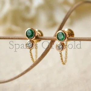 Real Emerald Diamond Stud Chain Earrings 14K Solid Yellow Gold Minimalist Jewelr - Picture 1 of 1