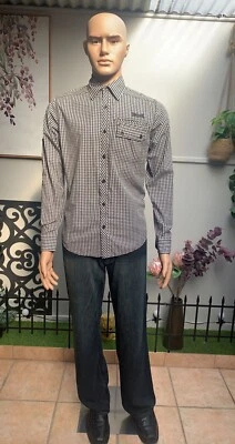 Lonsdale Black/White/Grey Check Collar Long Sleeve Shirt. Slim Fit. Size S - Image 1 of 4