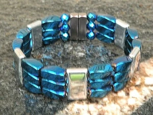 Men’s Women’s 100% Magnetic Hematite Bracelet Anklet 3 Row Blue N Silver - Picture 1 of 5