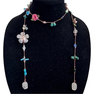 Perle vere vintage fatte a mano Lariat, quarzo, turchese, giada su pelle annodata - Foto 1 di 16